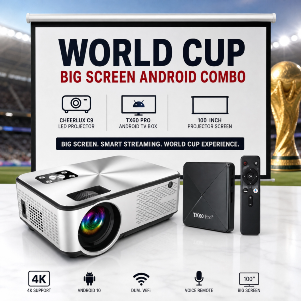 Cheerlux C9 Projector, TX60 Pro Android TV Box & 100” Roll-Up Screen Combo